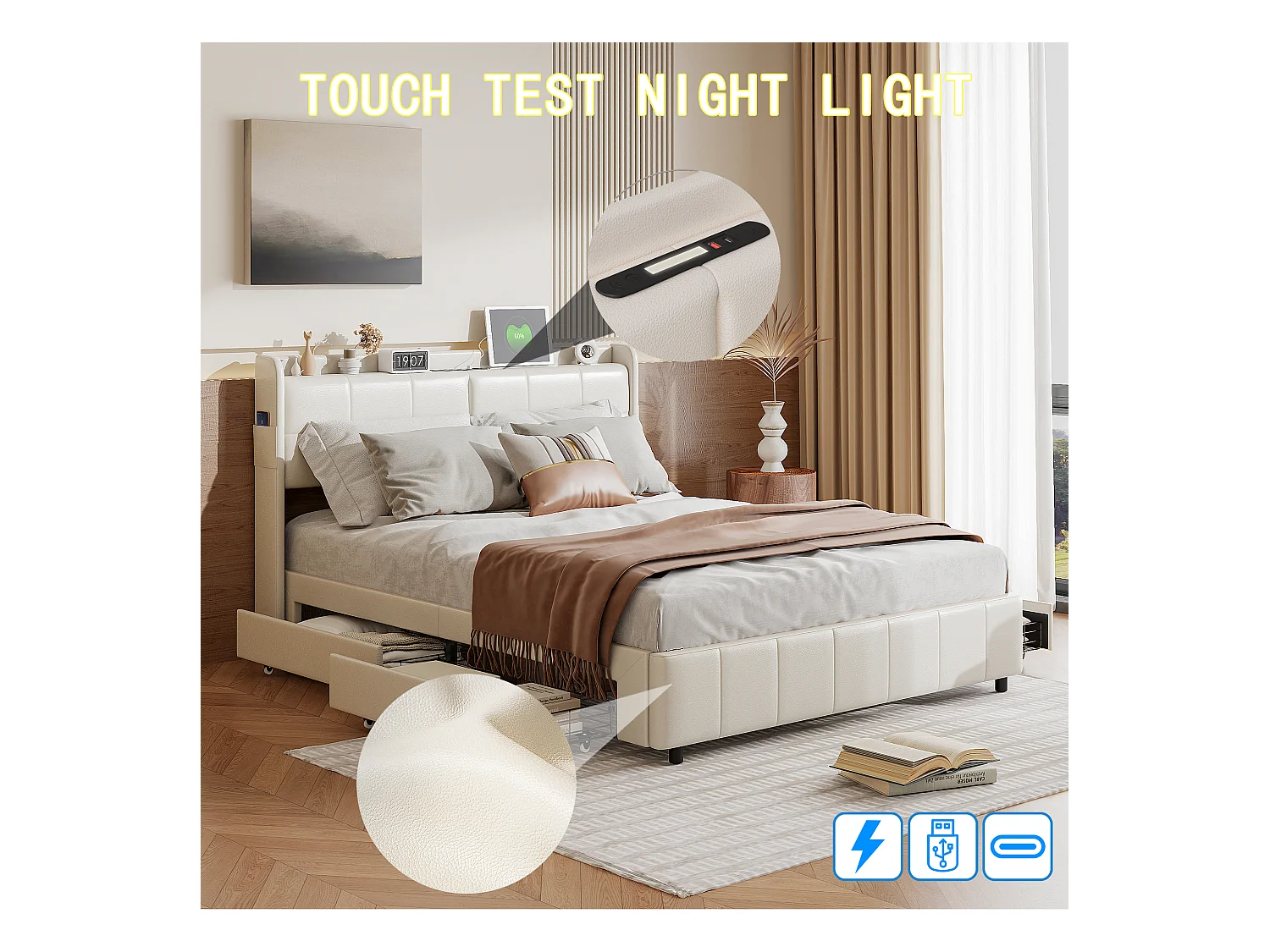 Lit double 140 x 200 avec 4 tiroir,Lit rembourré 140 x 200 avec chargement USB,PU,Beige