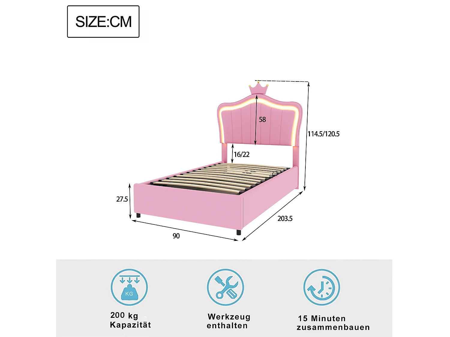 Cama infantil Canapé hidráulico y cabecero regulable en altura con iluminación LED y diseño de corona, Litera individual con somier, Rosa 90x 200 cm, sin colchón