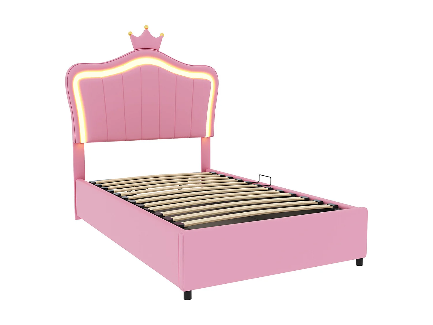 Cama infantil Canapé hidráulico y cabecero regulable en altura con iluminación LED y diseño de corona, Litera individual con somier, Rosa 90x 200 cm, sin colchón