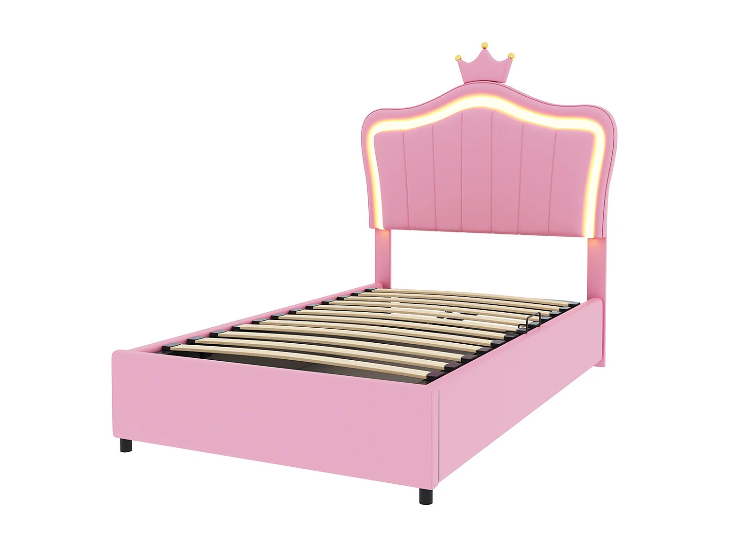 Cama infantil Canapé hidráulico y cabecero regulable en altura con iluminación LED y diseño de corona, Litera individual con somier, Rosa 90x 200 cm, sin colchón