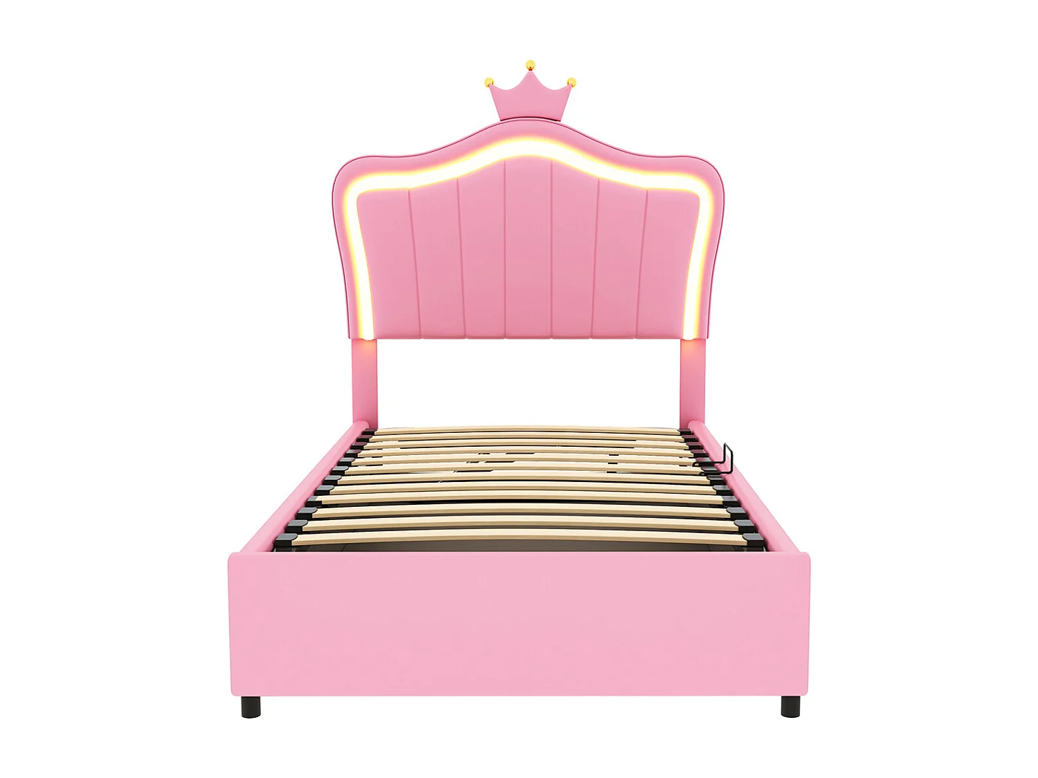 Cama infantil Canapé hidráulico y cabecero regulable en altura con iluminación LED y diseño de corona, Litera individual con somier, Rosa 90x 200 cm, sin colchón