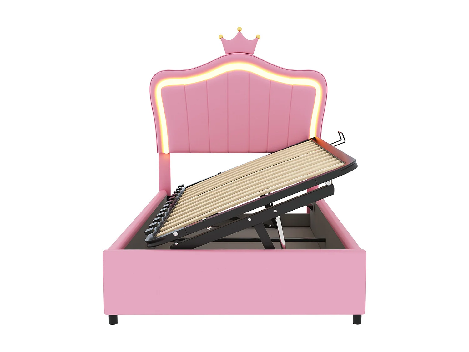 Cama infantil Canapé hidráulico y cabecero regulable en altura con iluminación LED y diseño de corona, Litera individual con somier, Rosa 90x 200 cm, sin colchón