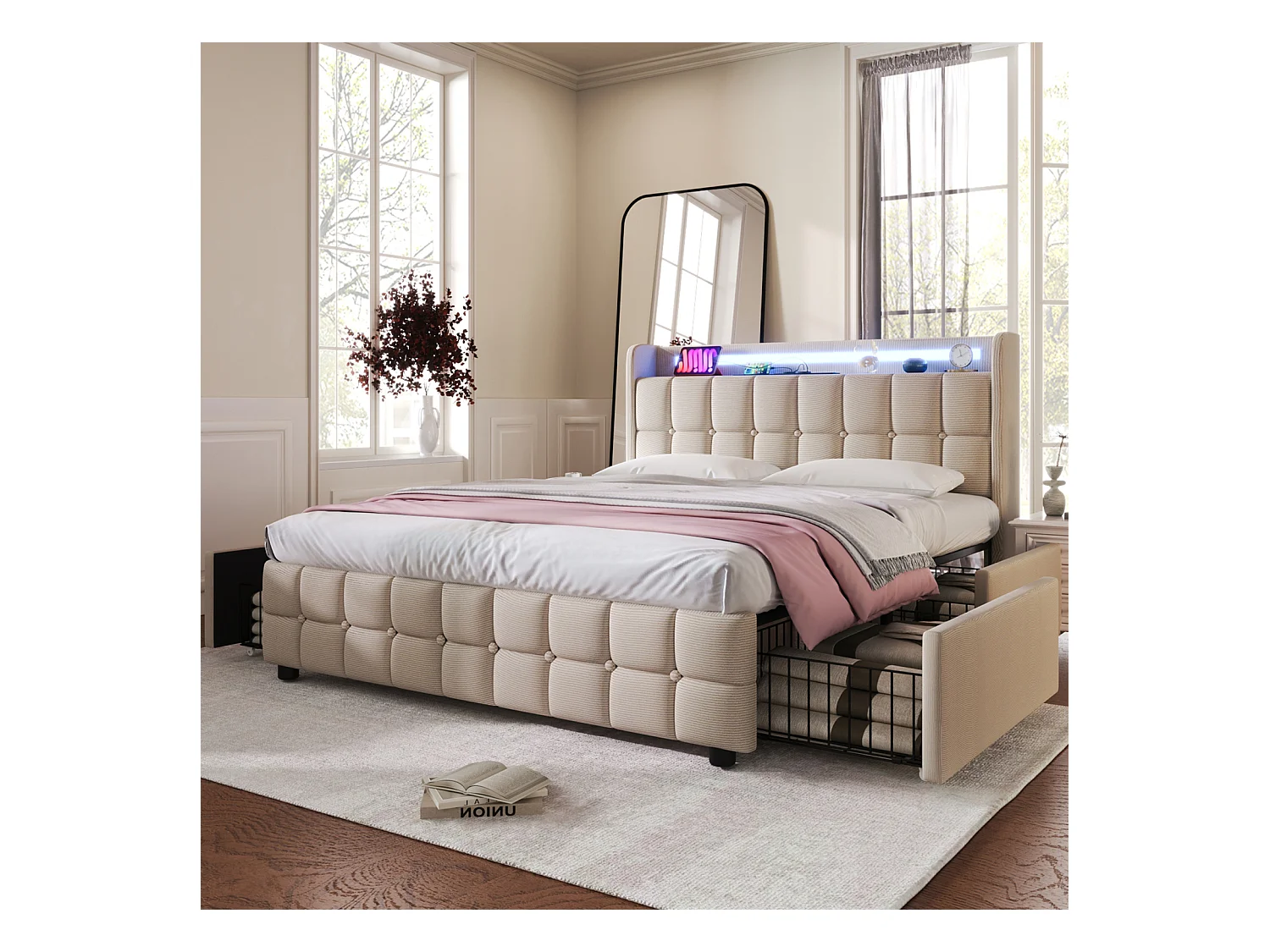 Lit 180x200cm avec tiroirs, Lit double capitonné avec rangement, éclairage LED, 2 chargeurs USB, lit adulte, sommier à lattes, blanc