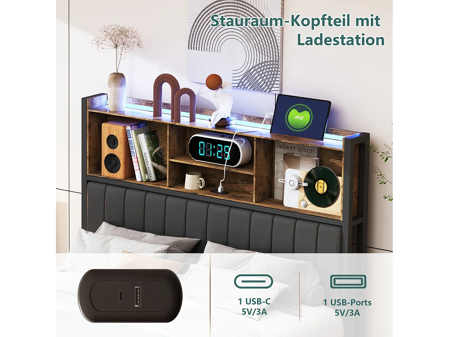 Tweepersoonsbed 140x200 cm met lattenbodem, 2 lades, hoofdbord met opbergruimte, LED-verlichting en USB, industrieel design in walnoot.