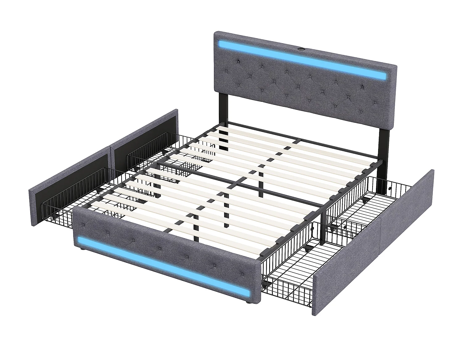 Cama doble con cajones 180x200 cm, con cabecero LED regulable, con carga USB y Tipo C, con 4 cajones de hierro, somier de láminas, estructura de metal - Gris