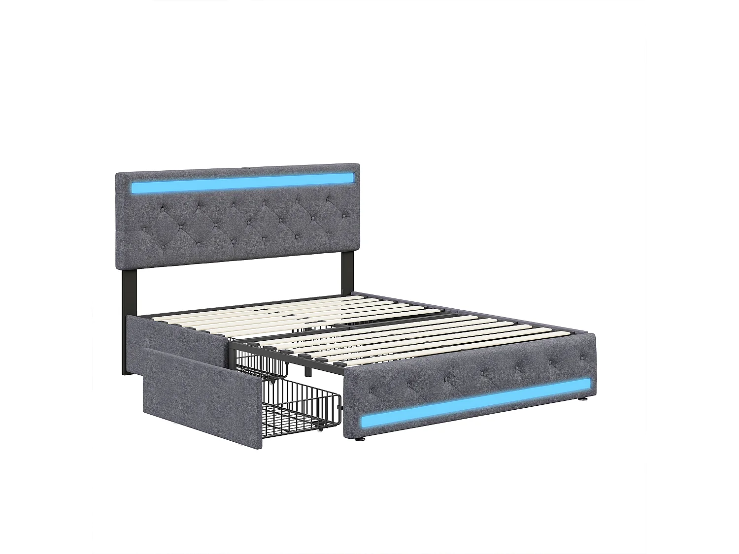 Cama doble con cajones 180x200 cm, con cabecero LED regulable, con carga USB y Tipo C, con 4 cajones de hierro, somier de láminas, estructura de metal - Gris