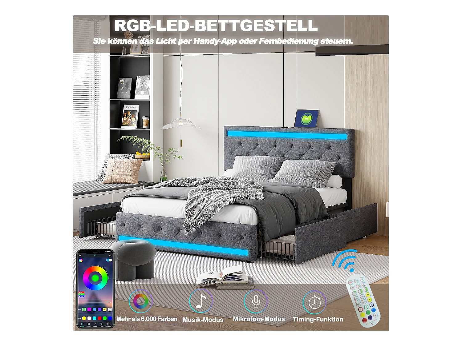 Tweepersoonsbed 180x200 cm, met 4 lades, LED-verlichting, lattenbodem, USB type C oplaadfunctie, linnen stof, modern volwassen bed - grijs