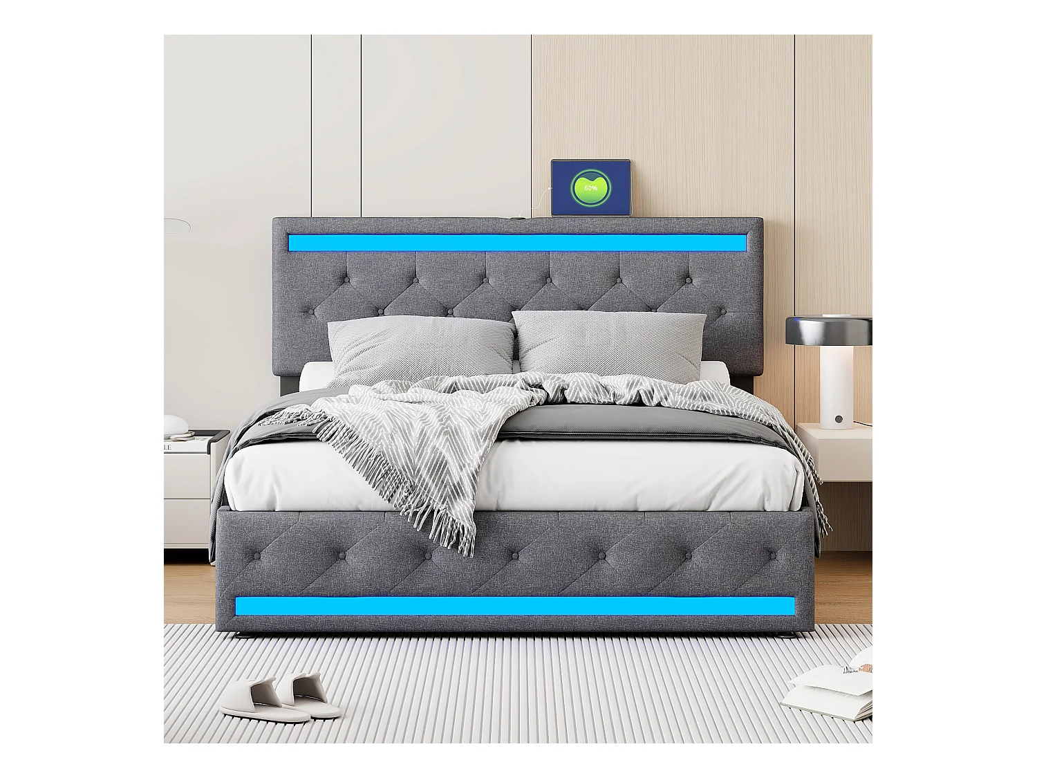 Lit double avec tiroirs 180x200 cm, avec tête de lit LED réglable, avec chargement USB et Type-C, avec 4 tiroirs en fer, sommier à lattes, structure en métal - Gris