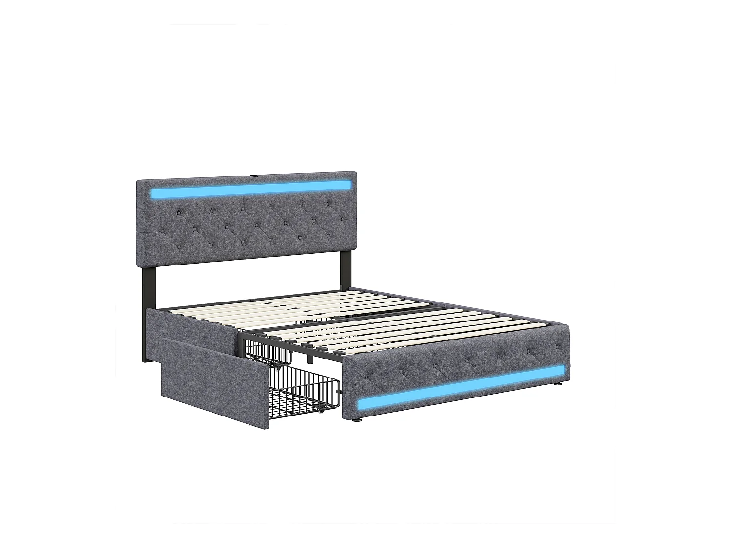 Lit double avec tiroirs 180x200 cm, avec tête de lit LED réglable, avec chargement USB et Type-C, avec 4 tiroirs en fer, sommier à lattes, structure en métal - Gris