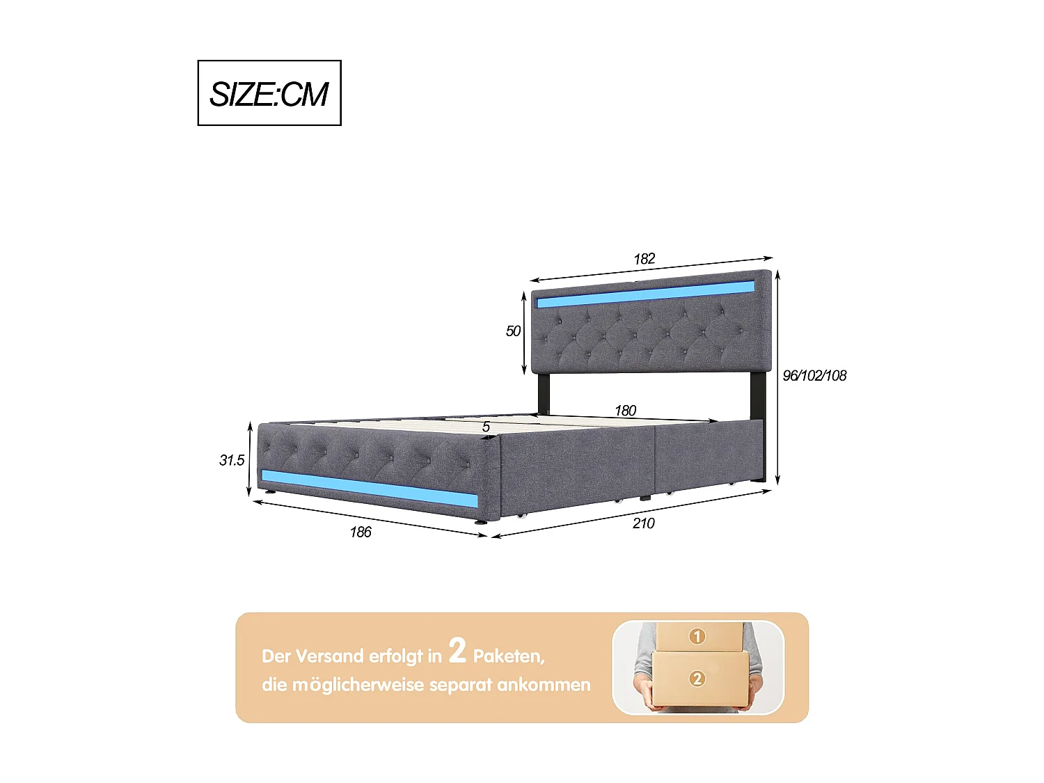 Tweepersoonsbed met lades 180x200 cm, met verstelbaar LED-hoofdbord, met USB- en Type-C-oplader, met 4 ijzeren lades, lattenbodem, metalen frame - Grijs