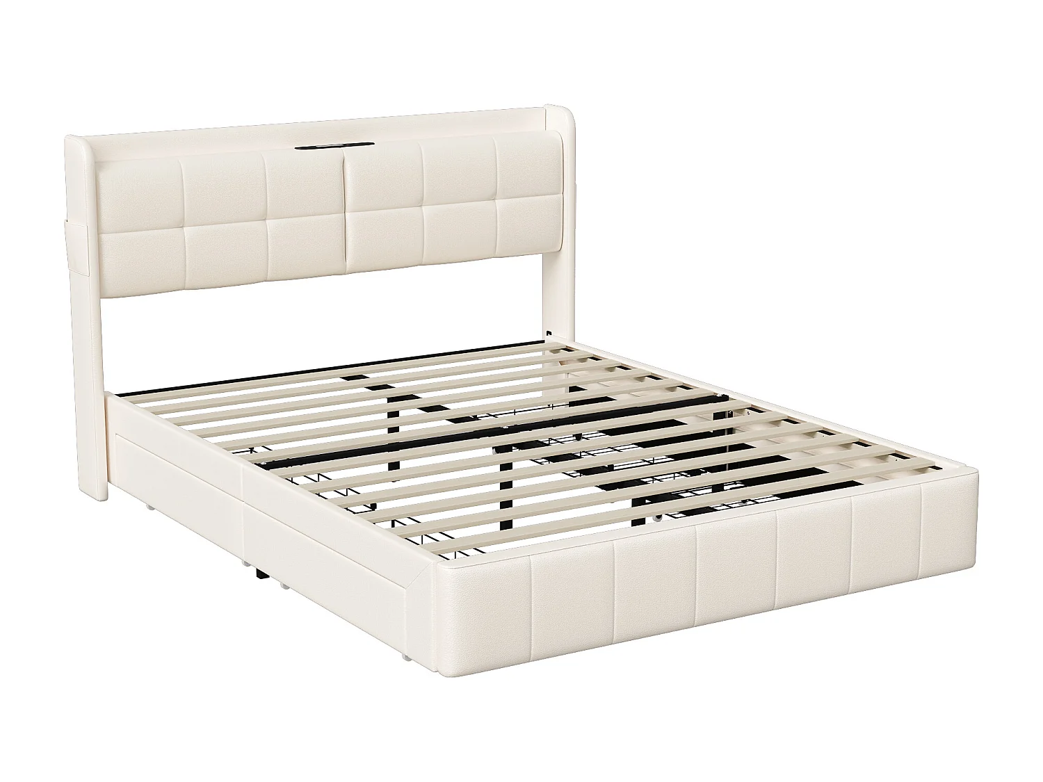 Letto matrimoniale 160 x 200 con 4 cassetti, Letto imbottito 160 x 200 con ricarica USB, PU, Beige