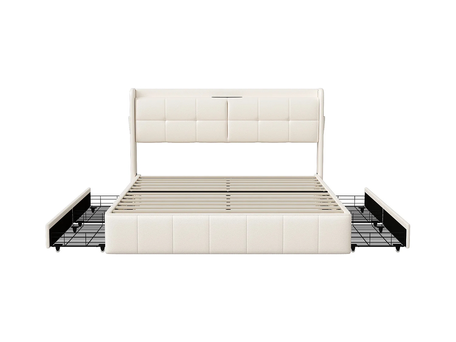 Letto matrimoniale 160 x 200 con 4 cassetti, Letto imbottito 160 x 200 con ricarica USB, PU, Beige