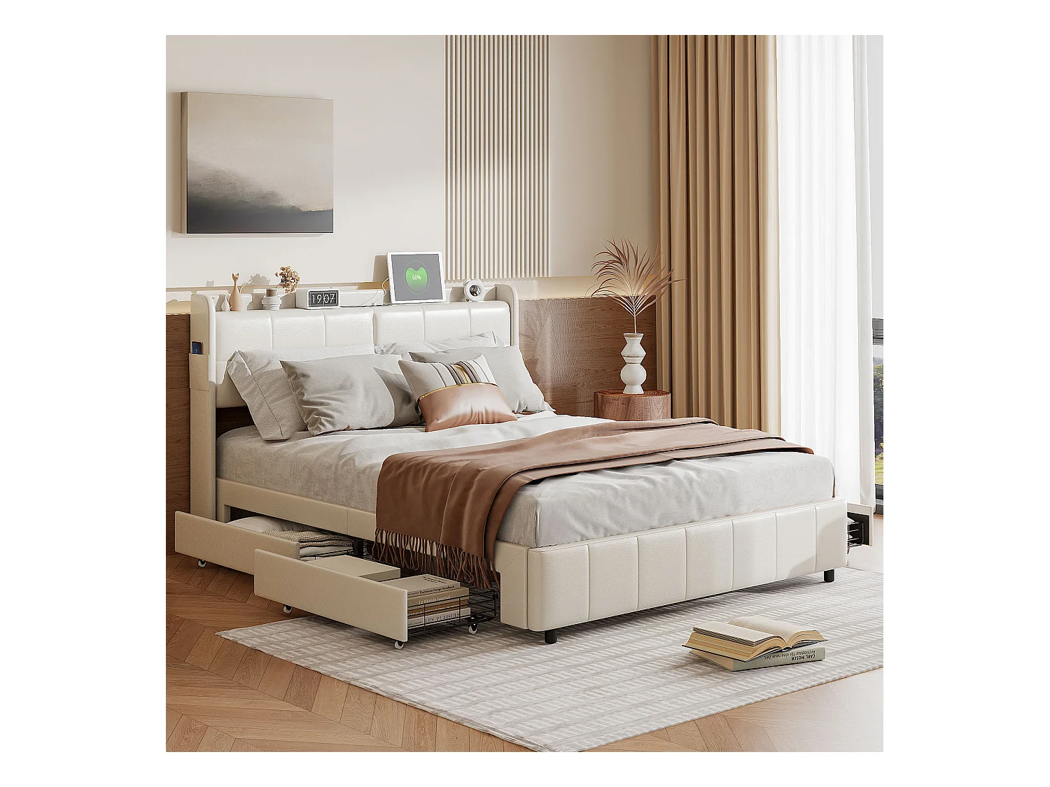 Lit double 160 x 200 avec 4 tiroir,Lit rembourré 160 x 200 avec chargement USB,PU,Beige