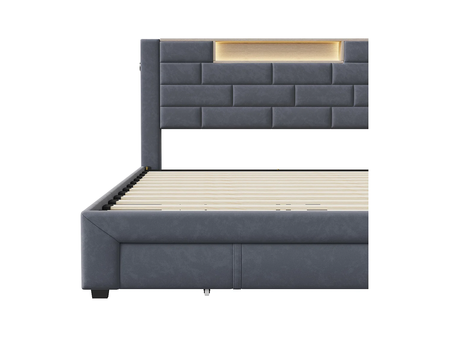 Lit double 160x200cm - cadre de lit en velours avec 3 tiroirs, sommier à lattes et tête de lit LED avec port USB/C - Gris