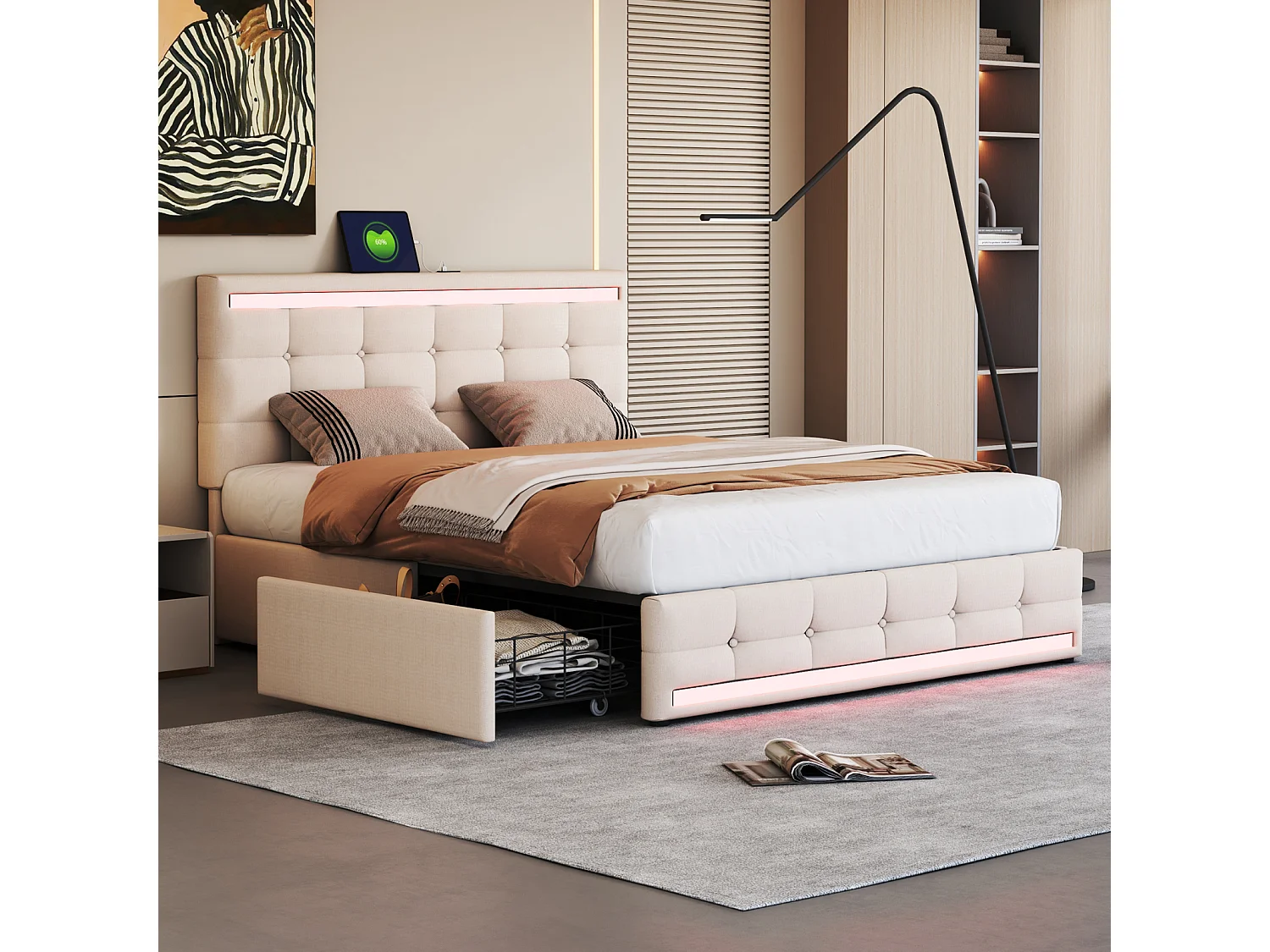Lit 140x200cm avec tiroirs, Lit double capitonné avec rangement, éclairage LED, 2 chargeurs USB, lit adulte, sommier à lattes, beige