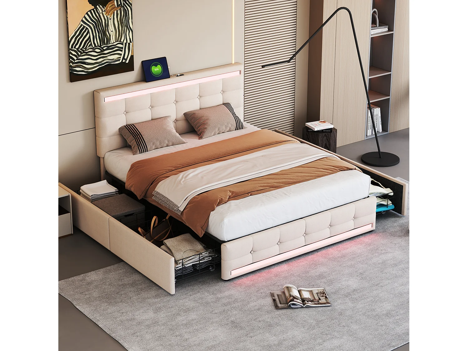 Lit 140x200cm avec tiroirs, Lit double capitonné avec rangement, éclairage LED, 2 chargeurs USB, lit adulte, sommier à lattes, beige