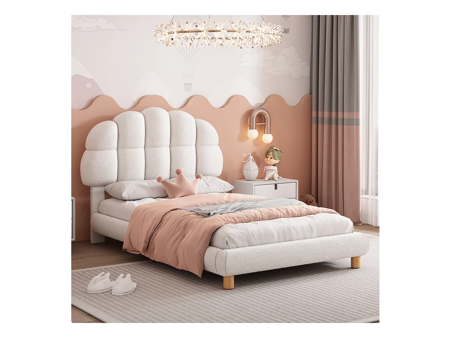 Lit simple 90x200 cm, avec tête de lit en forme de cercle guimauve, sommier à lattes en bois, cadre en métal, lit capitonné en sherpa - Beige
