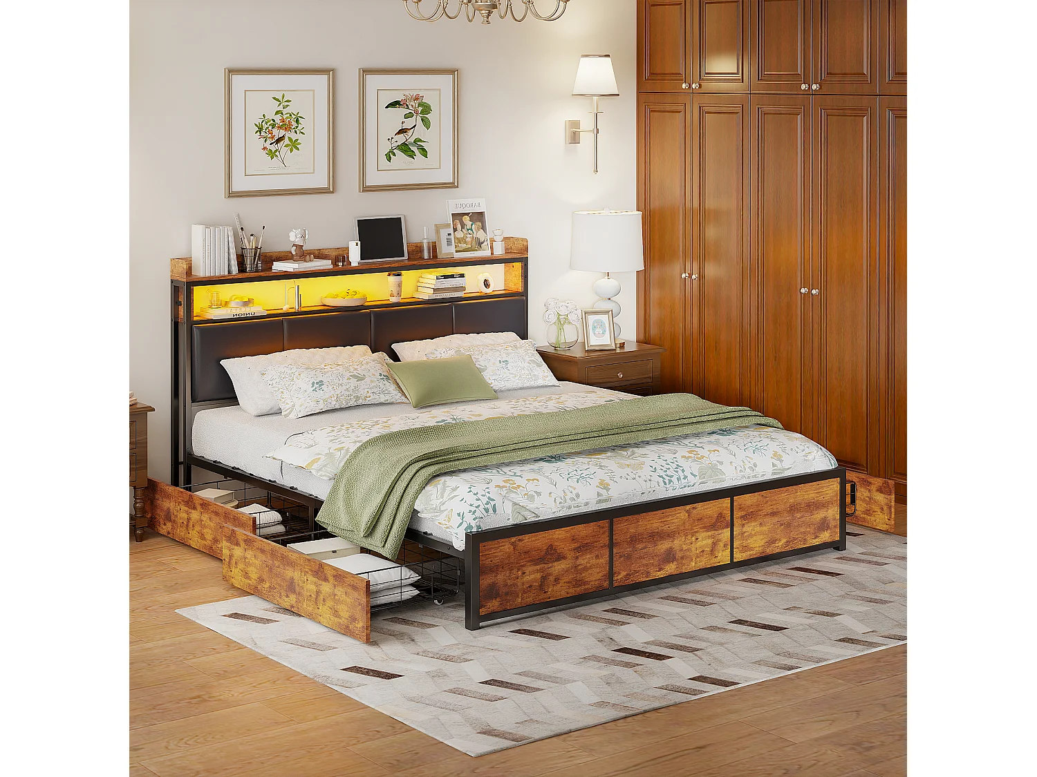 Letto matrimoniale con cassetti 140x200 cm, struttura in ferro in pelle nera opaca Tiger, testiera con contenitore, barra luminosa a LED, PU - Nero