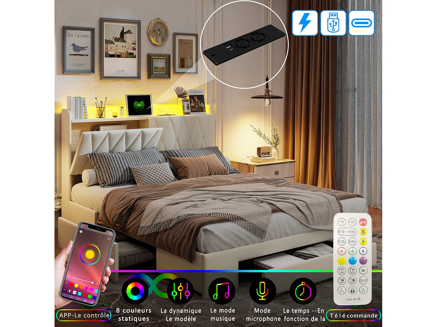lit double 160x200 avec tiroirs,lit capitonné,rangement tête de lit, tête de lit ouverte,chargement USB,LED réglable,velours,beige