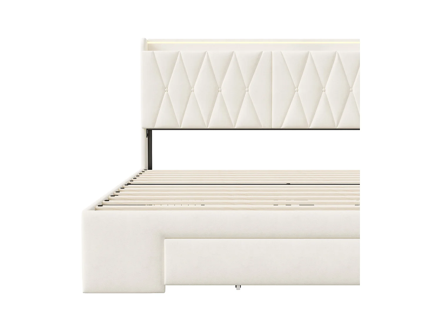 lit double 160x200 avec tiroirs,lit capitonné,rangement tête de lit, tête de lit ouverte,chargement USB,LED réglable,velours,beige