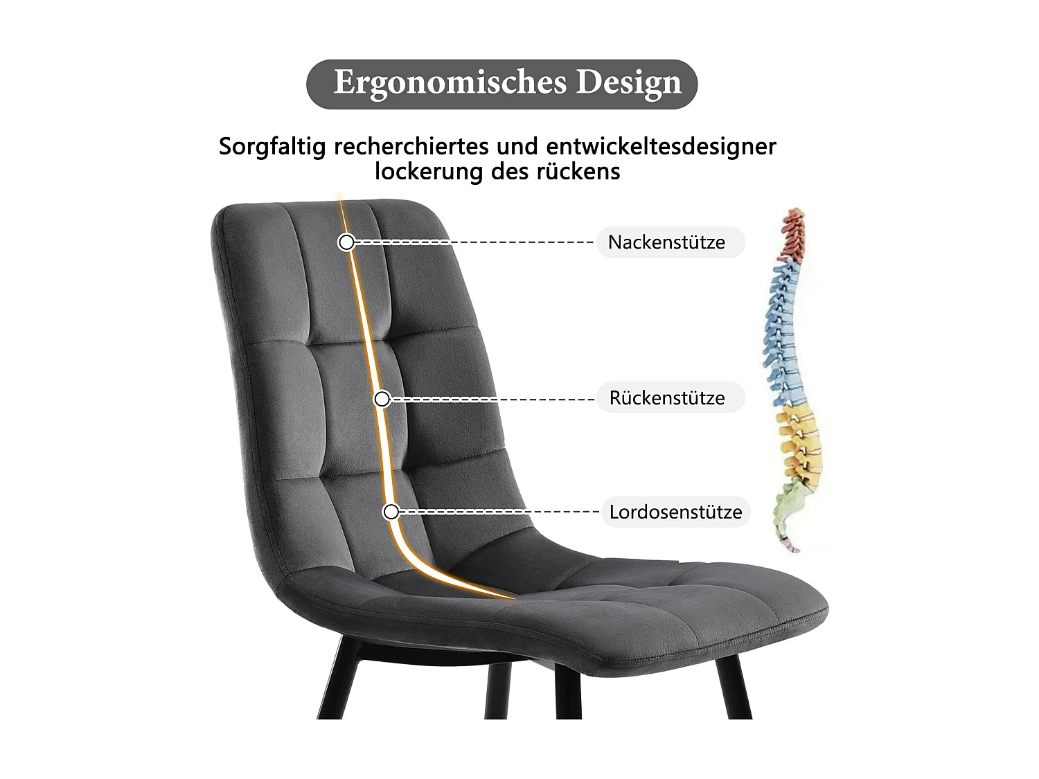Lot de 4 chaises rembourrées pour salle à manger, cuisine, salon, avec dossier et pieds en métal, pour salon et salle à manger, velours, gris