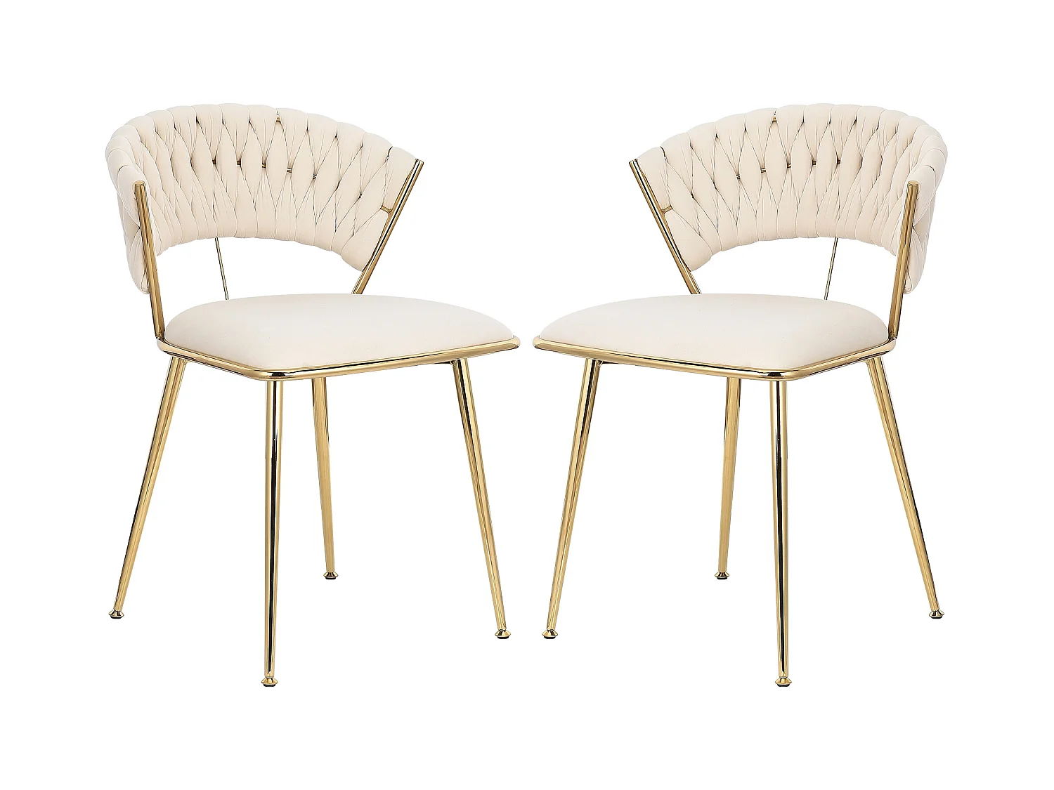 Set van 2 fluwelen gestoffeerde eetkamerstoelen met geweven rug en goudkleurige metalen poten - voor eetkamer, woonkamer, keuken - Beige