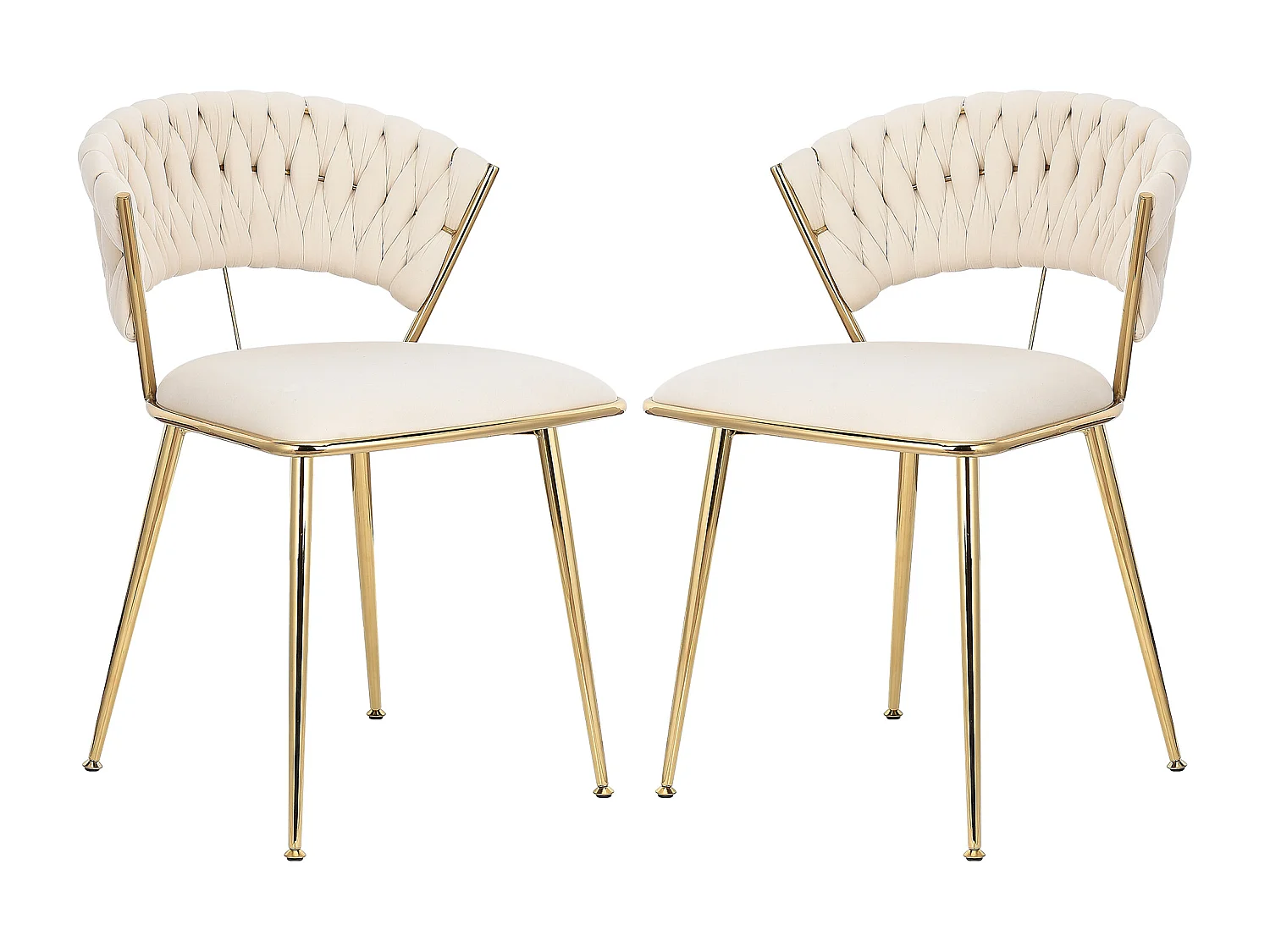 Lot de 2 chaises de Salle à Manger rembourrées en Velours avec Dossier tissé et Pieds en métal doré - pour Salle à Manger, Salon, Cuisine - Beige