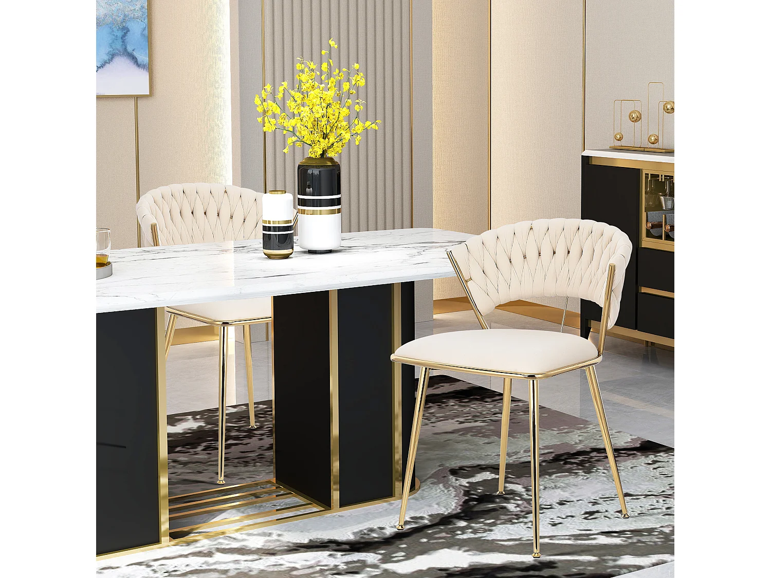 Lot de 2 chaises de Salle à Manger rembourrées en Velours avec Dossier tissé et Pieds en métal doré - pour Salle à Manger, Salon, Cuisine - Beige