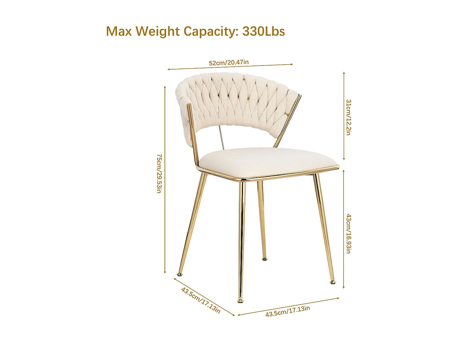 Lot de 2 chaises de Salle à Manger rembourrées en Velours avec Dossier tissé et Pieds en métal doré - pour Salle à Manger, Salon, Cuisine - Beige