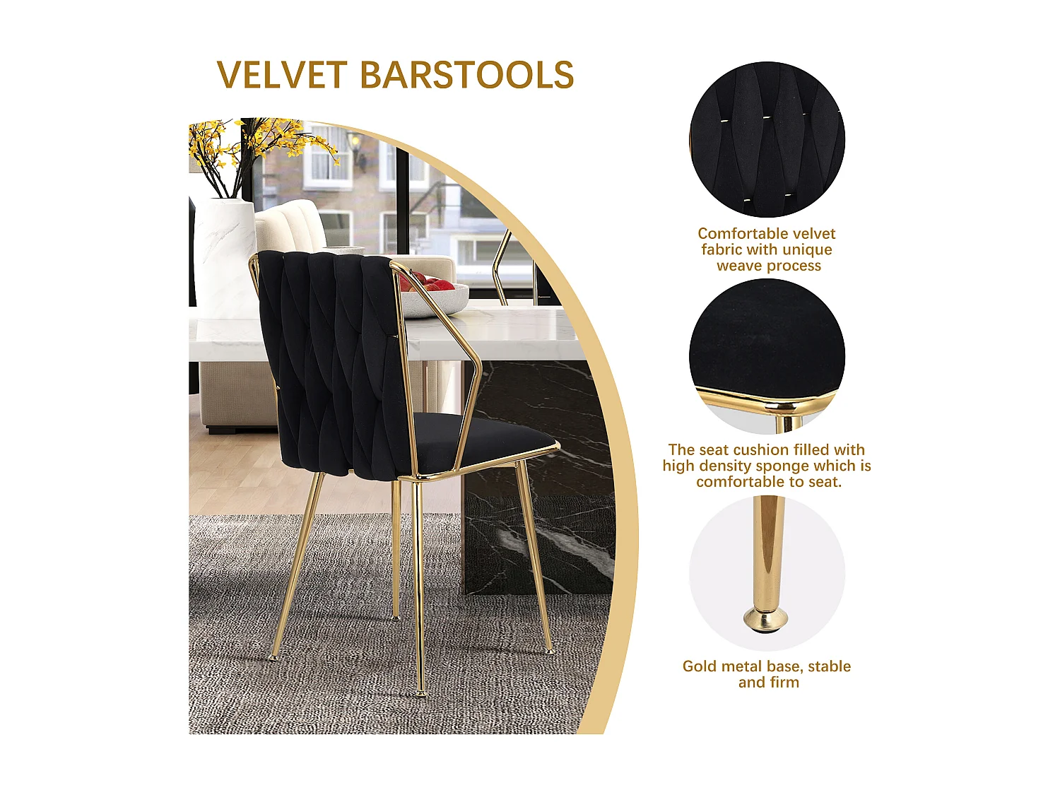 Lot de 2 chaises de Salle à Manger en Velours avec Dos tissé et Pieds en métal doré, chaises de Salon, pour Salle à Manger, Salon, Cuisine, Vanity Room (Gris)