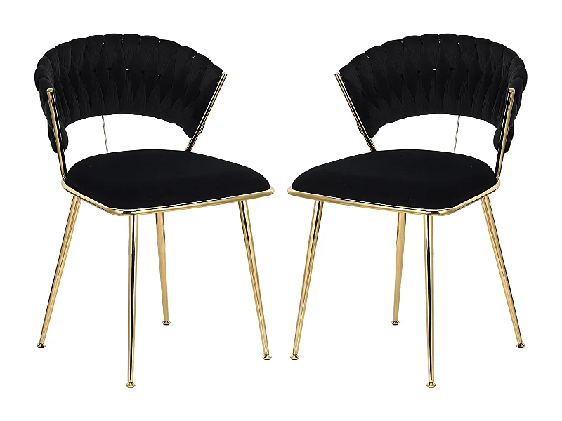 Lot de 2 chaises de Salle à Manger rembourrées en Velours avec Dossier tissé et Pieds en métal doré - pour Salle à Manger, Salon, Cuisine - Noir