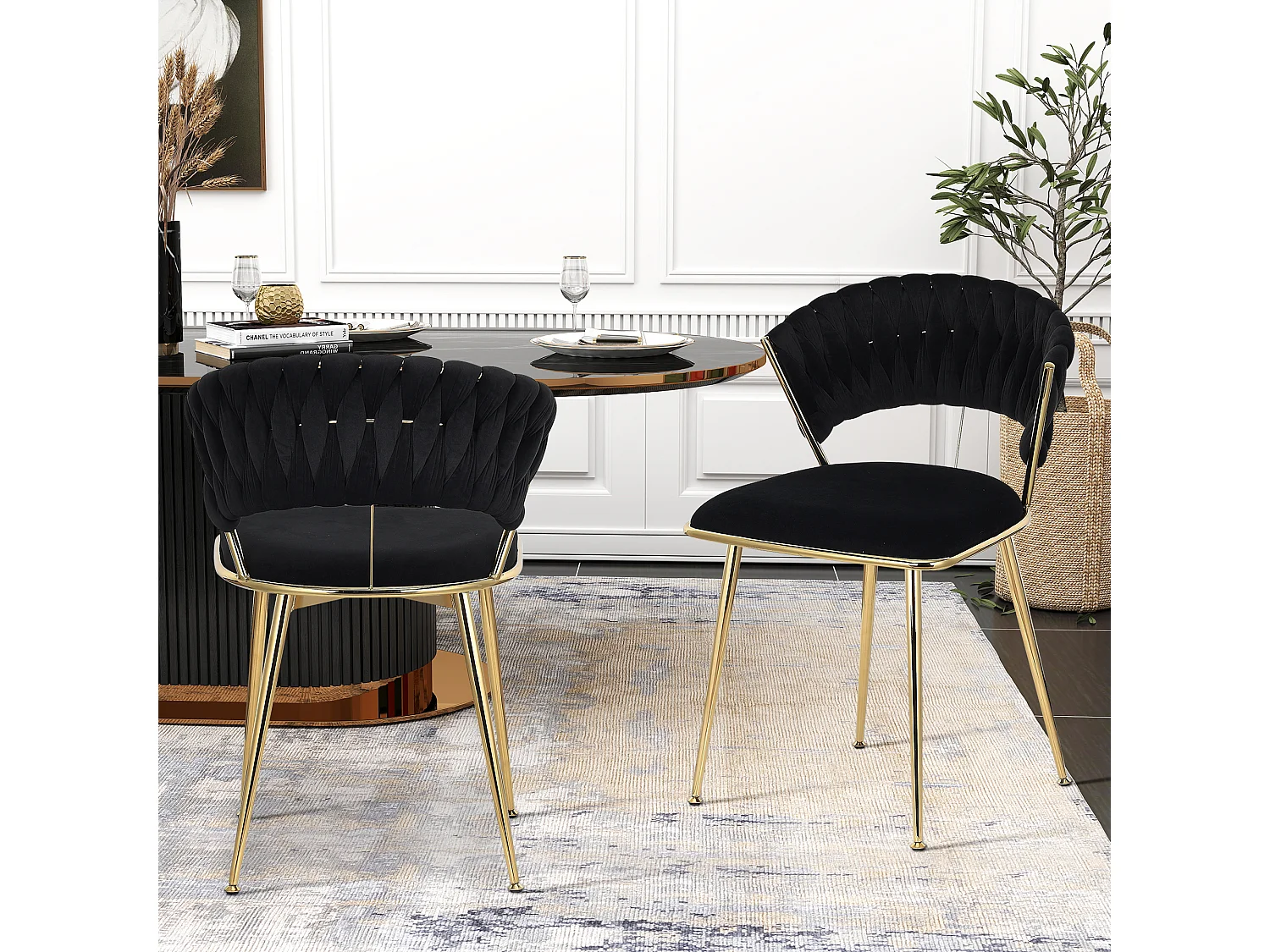 Set van 2 eetkamerstoelen met fluwelen bekleding, geweven rugleuning en gouden metalen poten - voor eetkamer, woonkamer, keuken - zwart