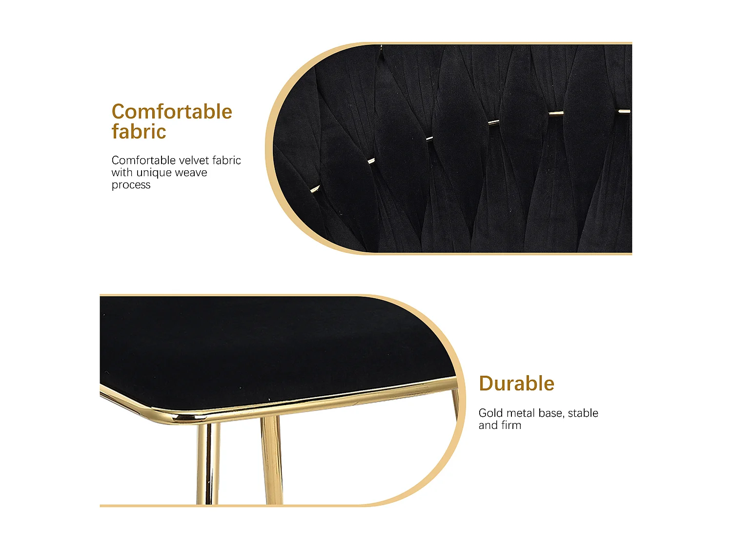 Set van 2 eetkamerstoelen met fluwelen bekleding, geweven rugleuning en gouden metalen poten - voor eetkamer, woonkamer, keuken - zwart