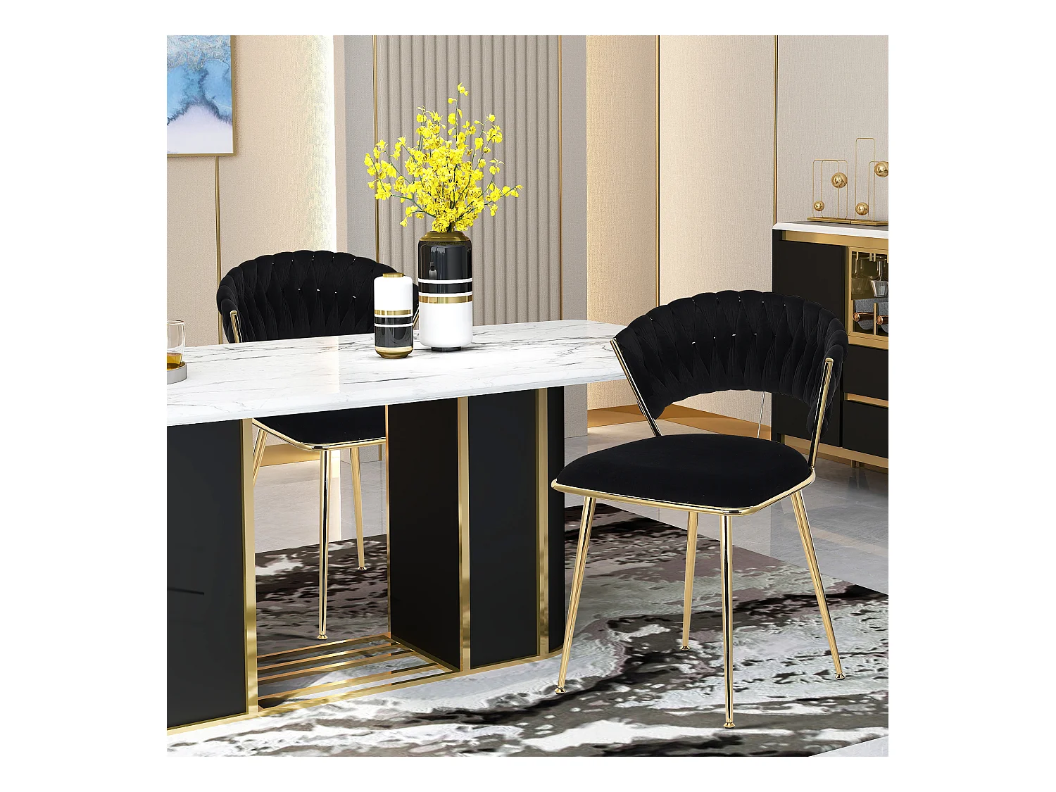 Lot de 2 chaises de Salle à Manger rembourrées en Velours avec Dossier tissé et Pieds en métal doré - pour Salle à Manger, Salon, Cuisine - Noir