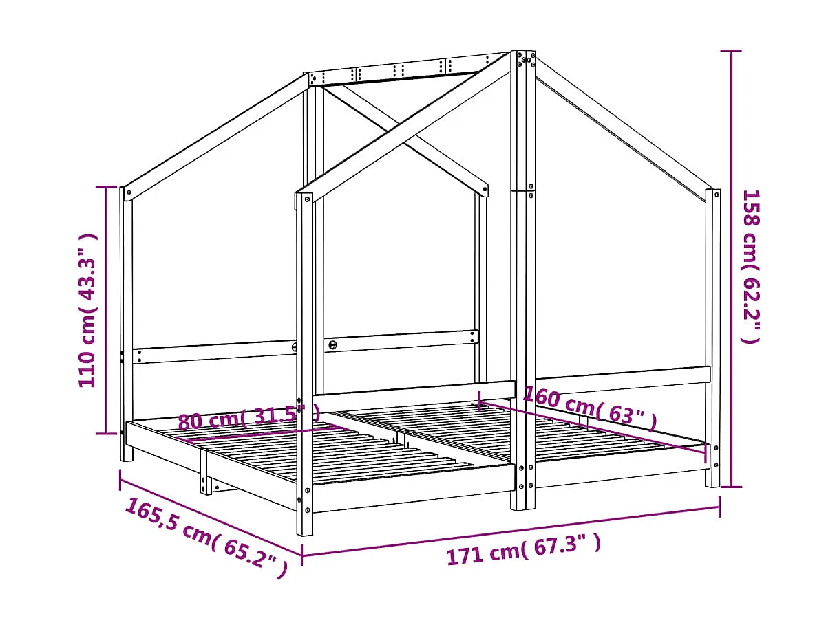 Estructura de cama infantil 2x(80x160) cm de madera maciza de pino