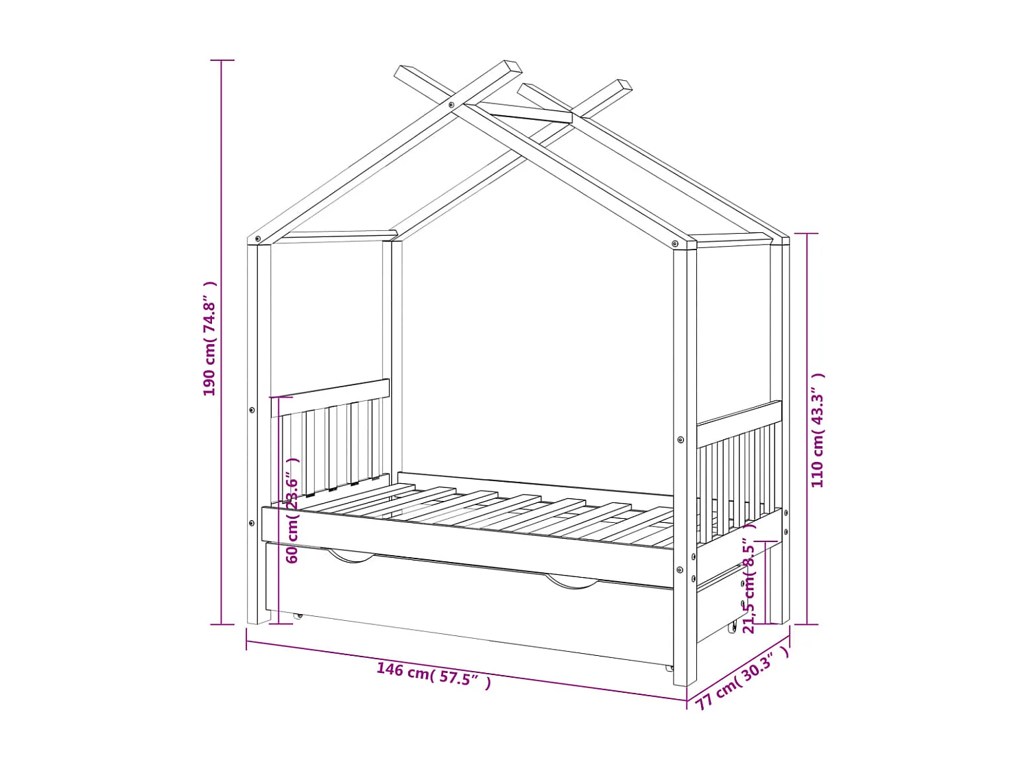 Estrutura de cama infantil com gaveta Madeira maciça de pinho 70x140 cm