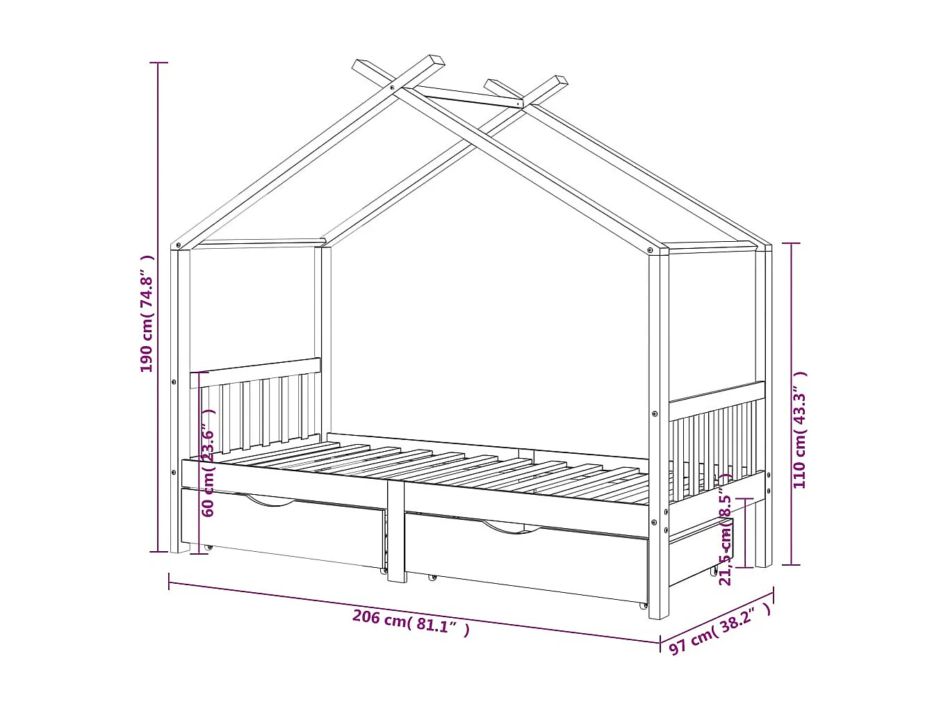 Estructura de cama infantil con cajones Pino gris oscuro 90x200 cm