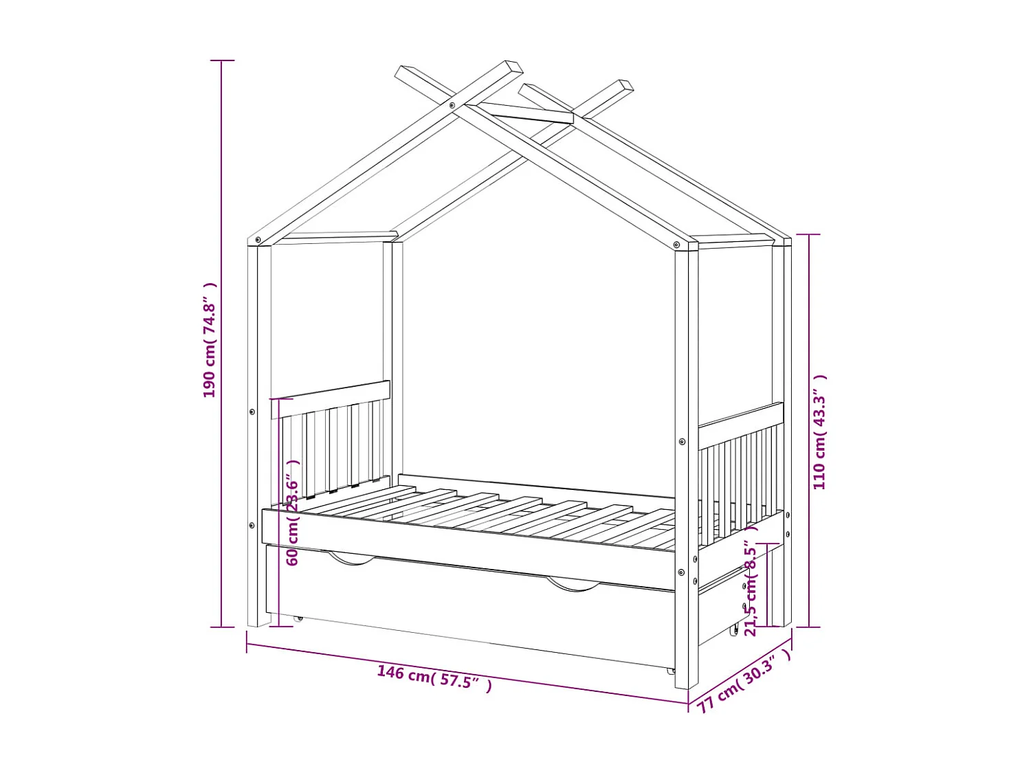 Estrutura de cama infantil com gaveta branca, pinho maciço 70x140 cm