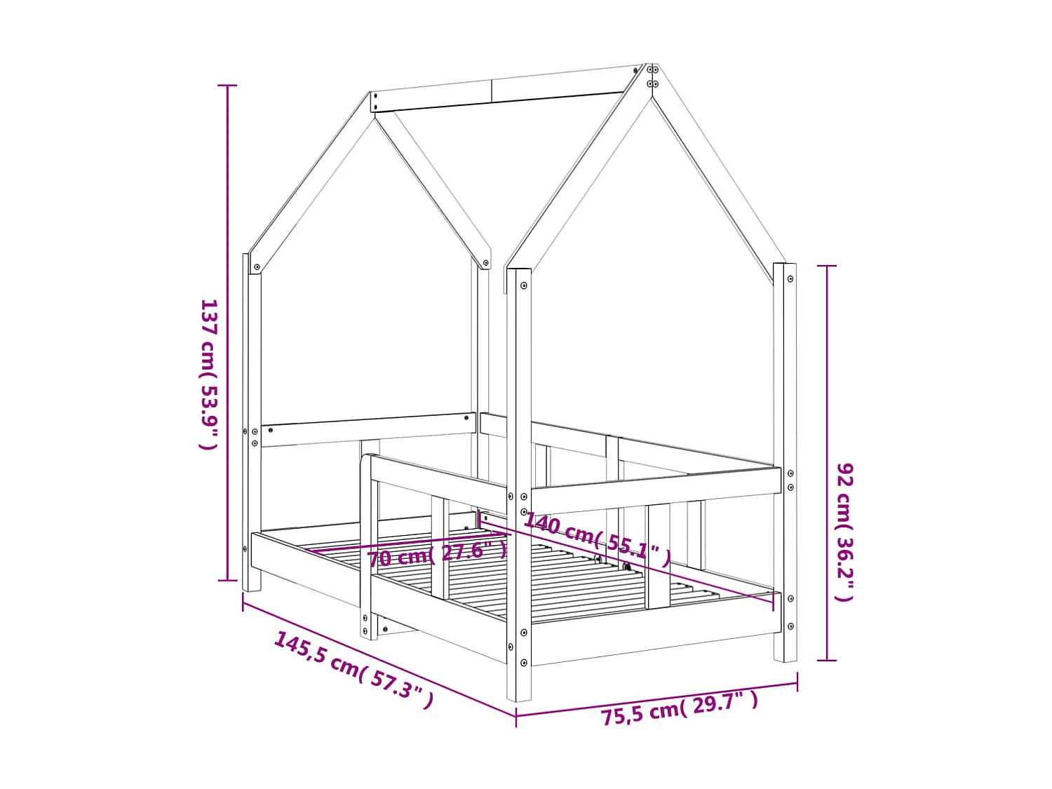 Cadre de lit pour enfant blanc 70x140 cm bois de pin massif
