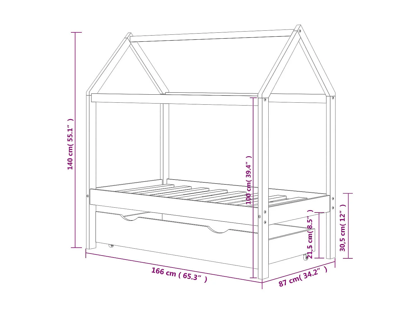 Struttura letto per bambini con un cassetto Pino grigio scuro 80x160 cm