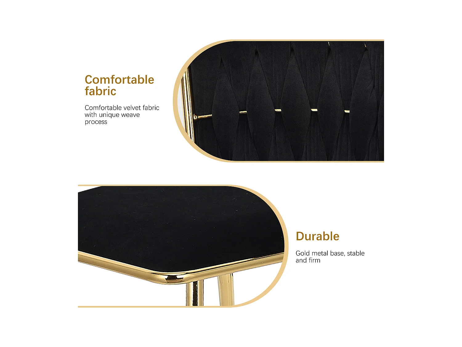 Lot de 2 chaises de Salle à Manger en Velours avec Dos tissé et Pieds en métal doré, chaises de Salon, pour Salle à Manger, Salon, Cuisine, Vanity Room (Noir)