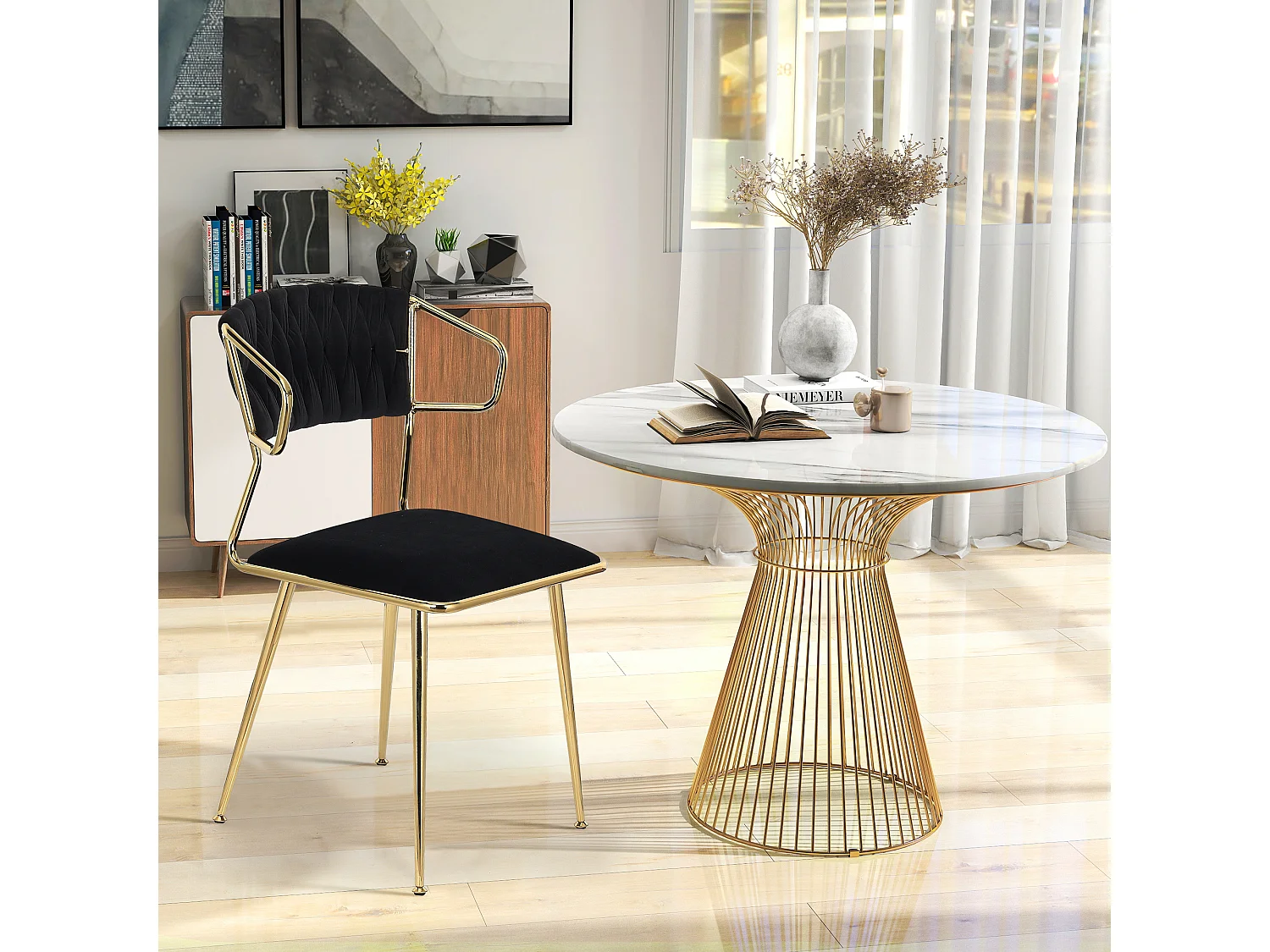 Lot de 2 chaises de Salle à Manger en Velours avec Dos tissé et Pieds en métal doré, chaises de Salon, pour Salle à Manger, Salon, Cuisine, Vanity Room (Noir)