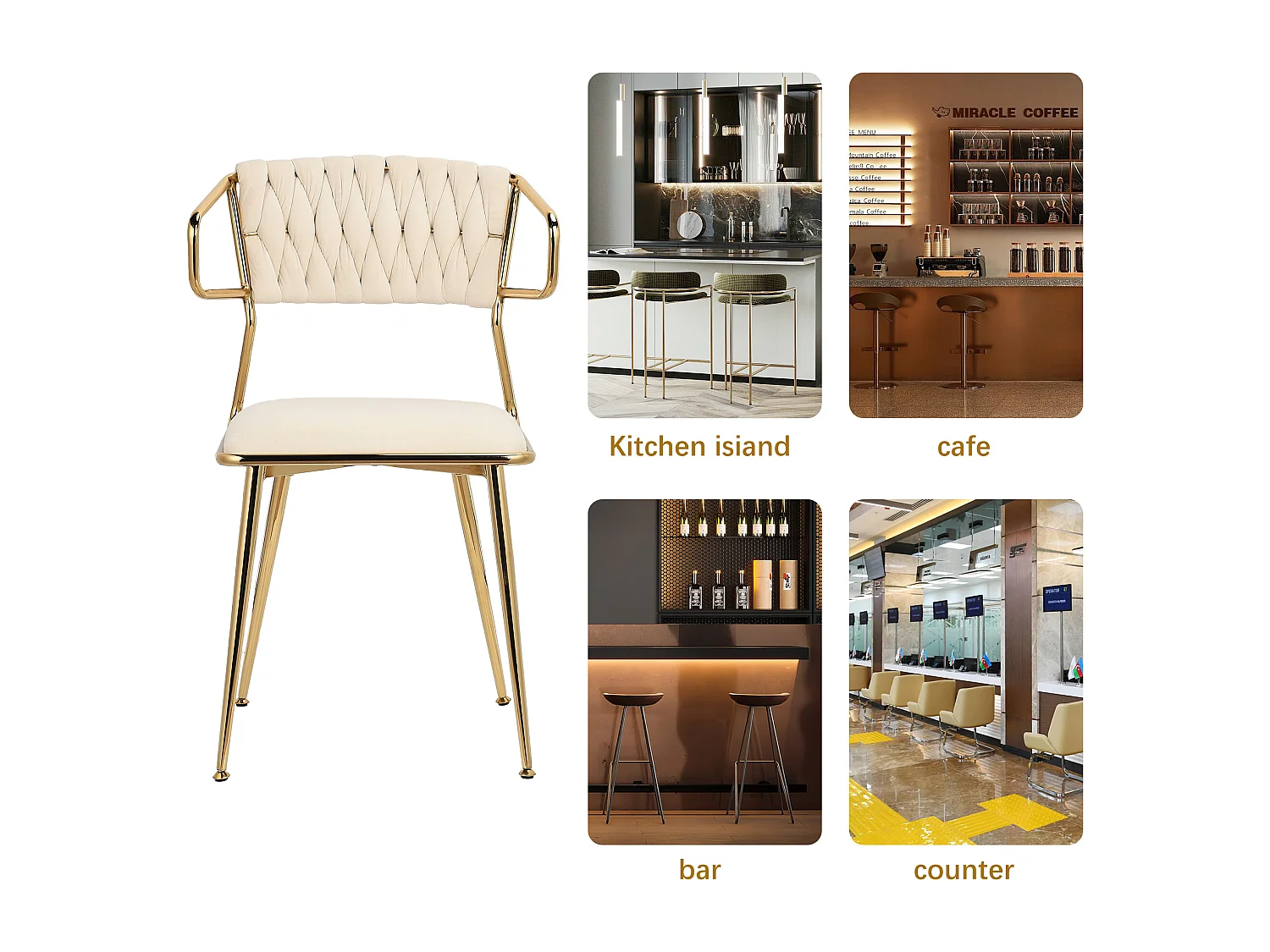 Lot de 2 chaises de Salle à Manger en Velours avec Dos tissé et Pieds en métal doré, chaises de Salon, pour Salle à Manger, Salon, Cuisine, Vanity Room (Beige)