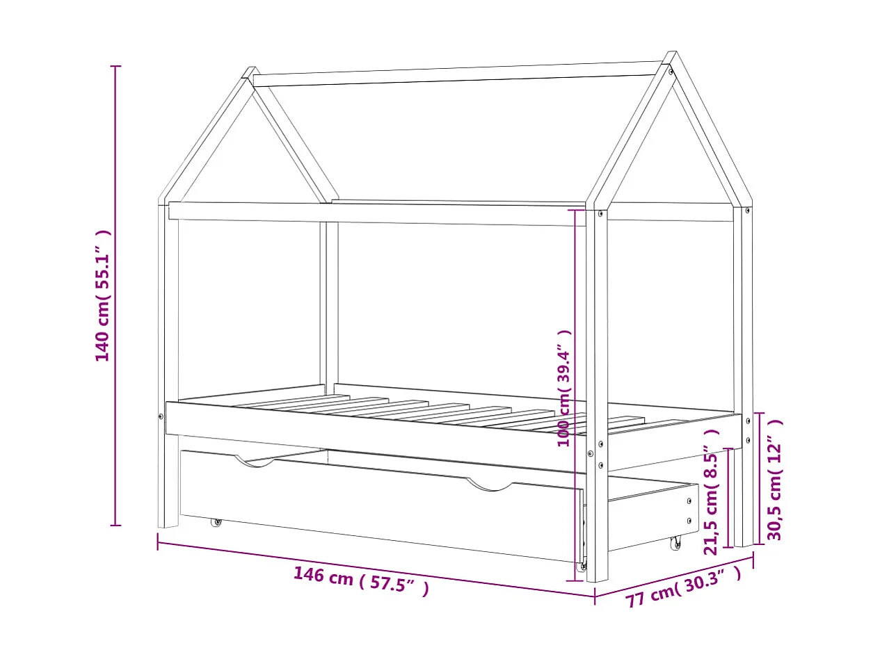 Estrutura de cama infantil com uma gaveta Pinho maciço branco 70x140 cm