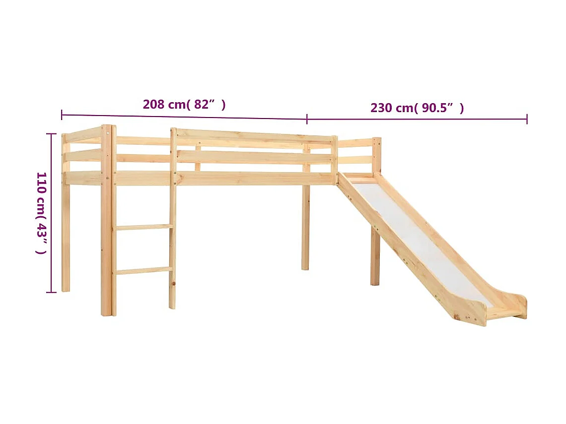 Lit mezzanine d'enfants toboggan et échelle bois pin 97x208 cm