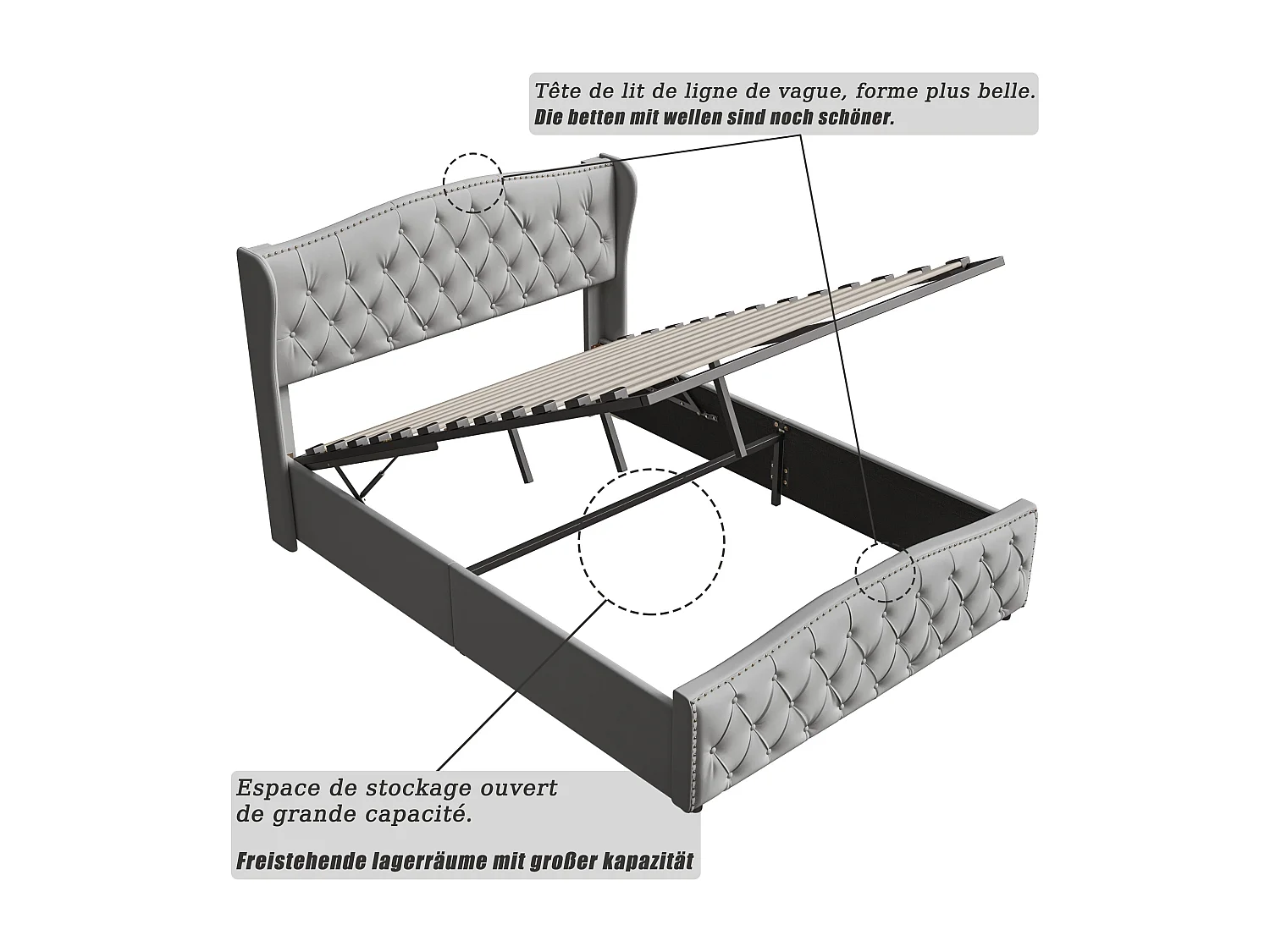 Letto contenitore 160x200, letto imbottito con rete a doghe, testiera ondulata, design rivetto, velluto, grigio