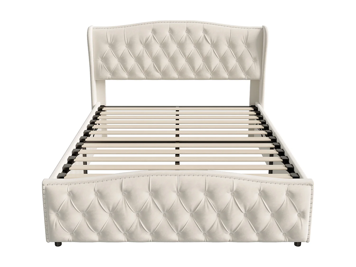 Letto contenitore 160x200, letto imbottito con rete a doghe, testiera ondulata, design rivetto, velluto, beige