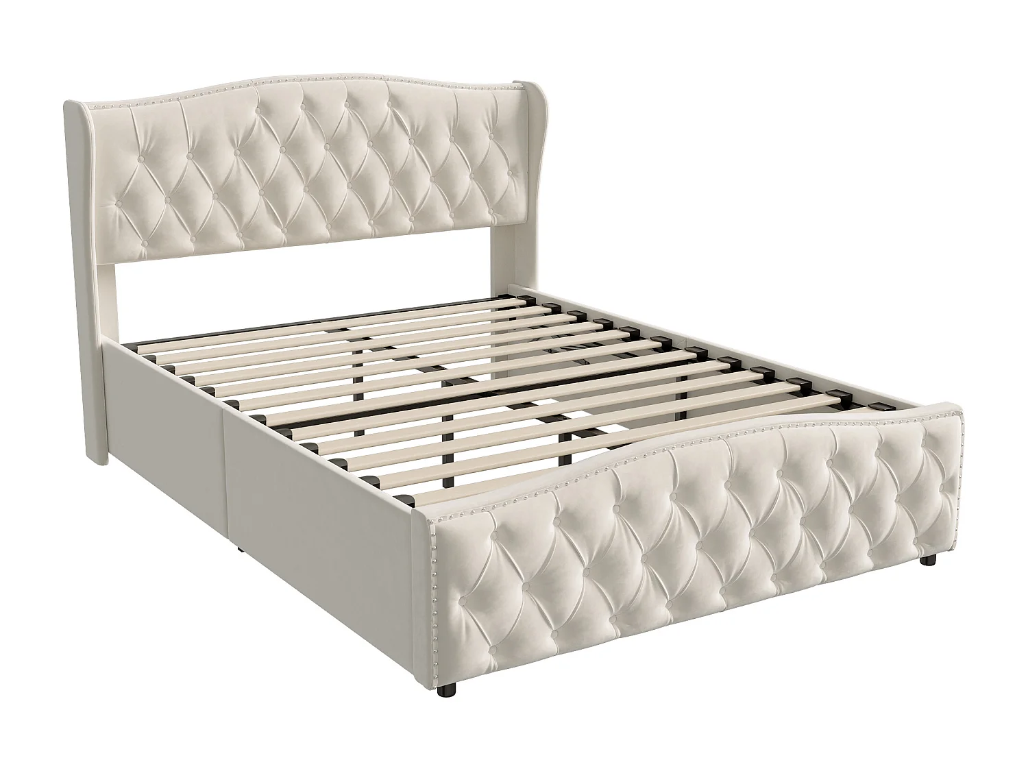 Letto contenitore 160x200, letto imbottito con rete a doghe, testiera ondulata, design rivetto, velluto, beige