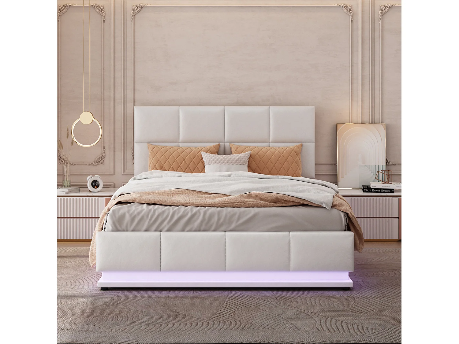Letto contenitore 140x200 cm - Letto matrimoniale imbottito LED sollevabile idraulicamente con rete a doghe, testiera, rivestimento in similpelle PU - Beige
