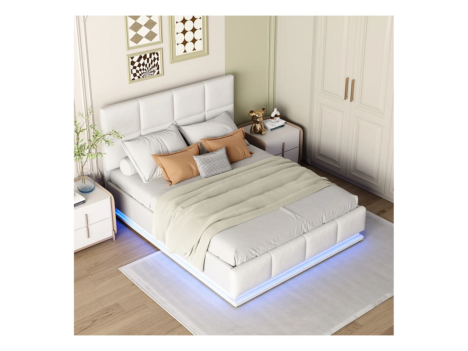 Lit coffre 140x200 cm - Lit doub LED capitonné relevable hydraulique avec sommier à lattes, tête de lit, simili cuir PU - Beige